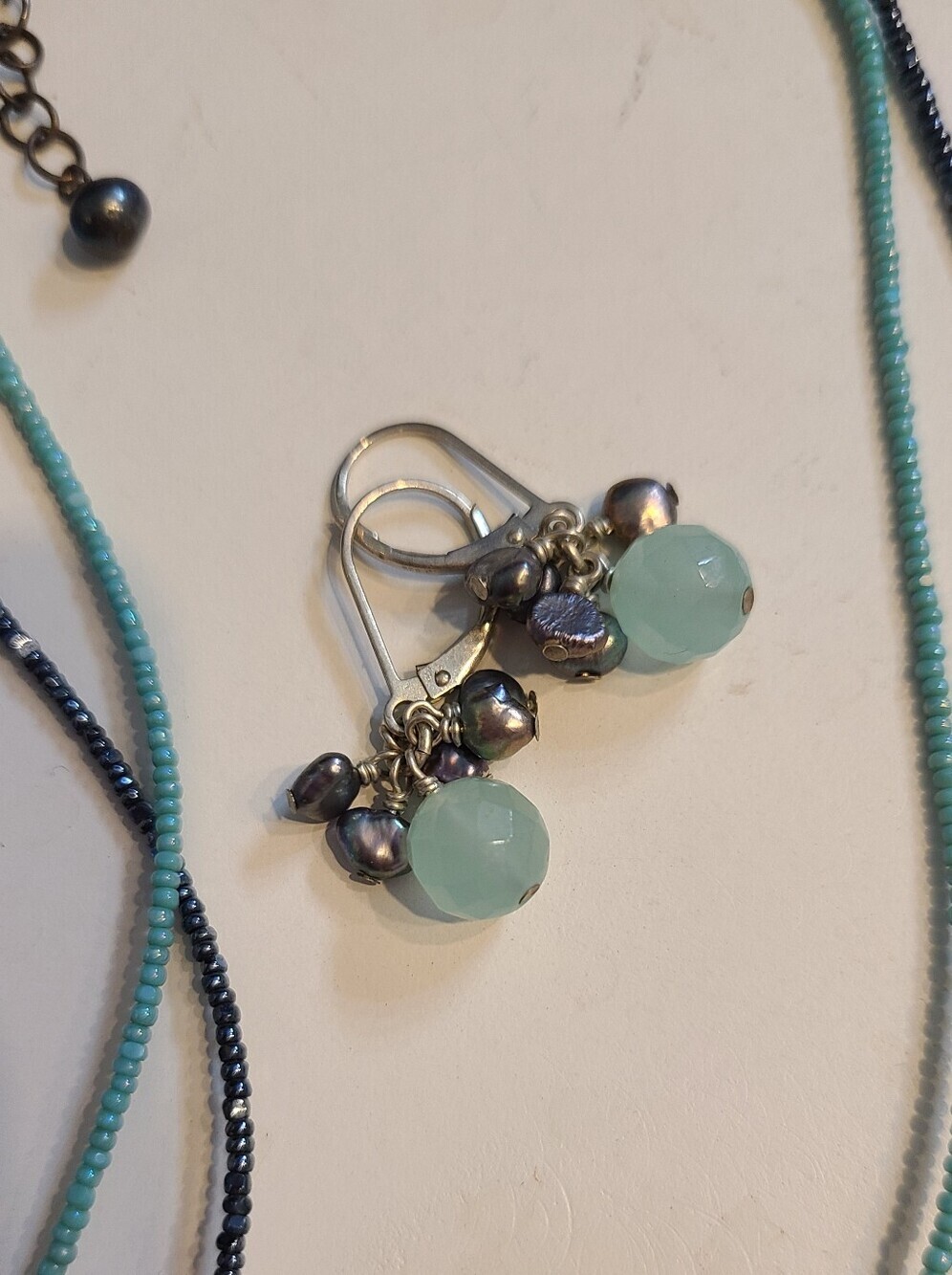 Beaded Aqua Teal And Navy Layered Necklace and Earring Set - Picture 3 of 3